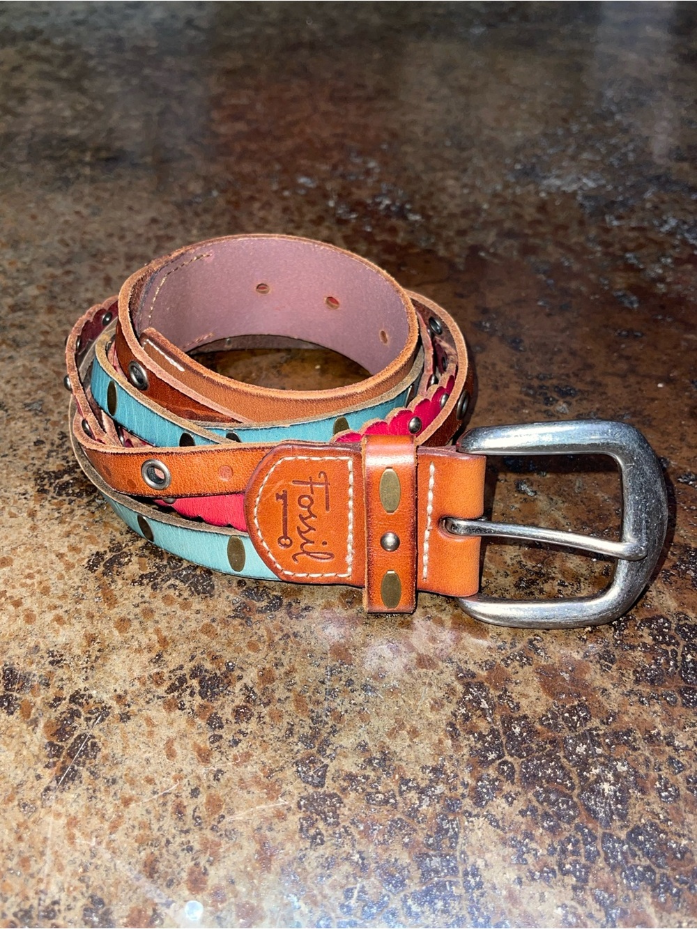 Fossil Leather Belt with Turquoise & Red Pattern